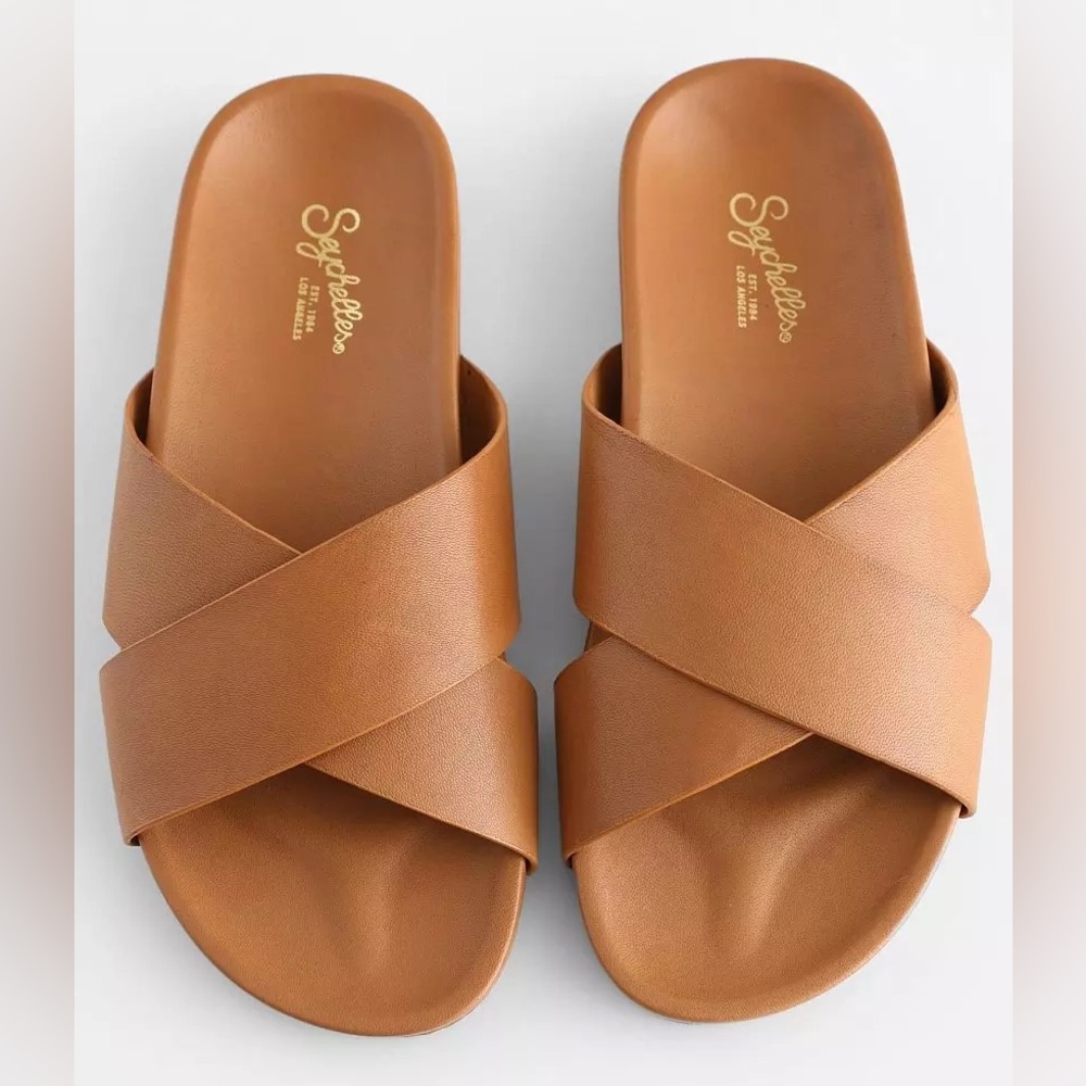 SEYCHELLES Sandals Lighthearted Criss-Cross Contour Tan Leather Women's 10 - Picture 2 of 16